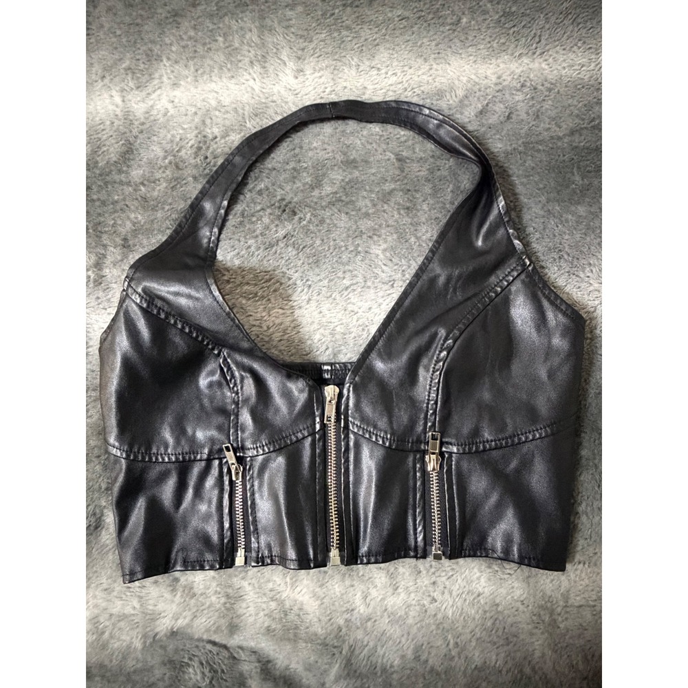 SHEIN Black Faux Leather Halter Crop Top Front Zip Moto Corset Style Small